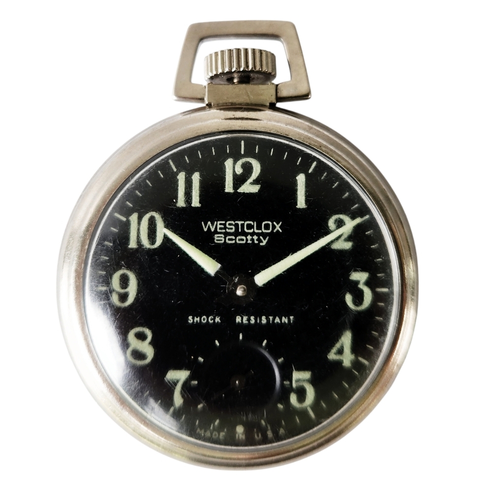 Westclock Scotty Vintage Pocket Watch Shock Resistant Black Face Analog Manual